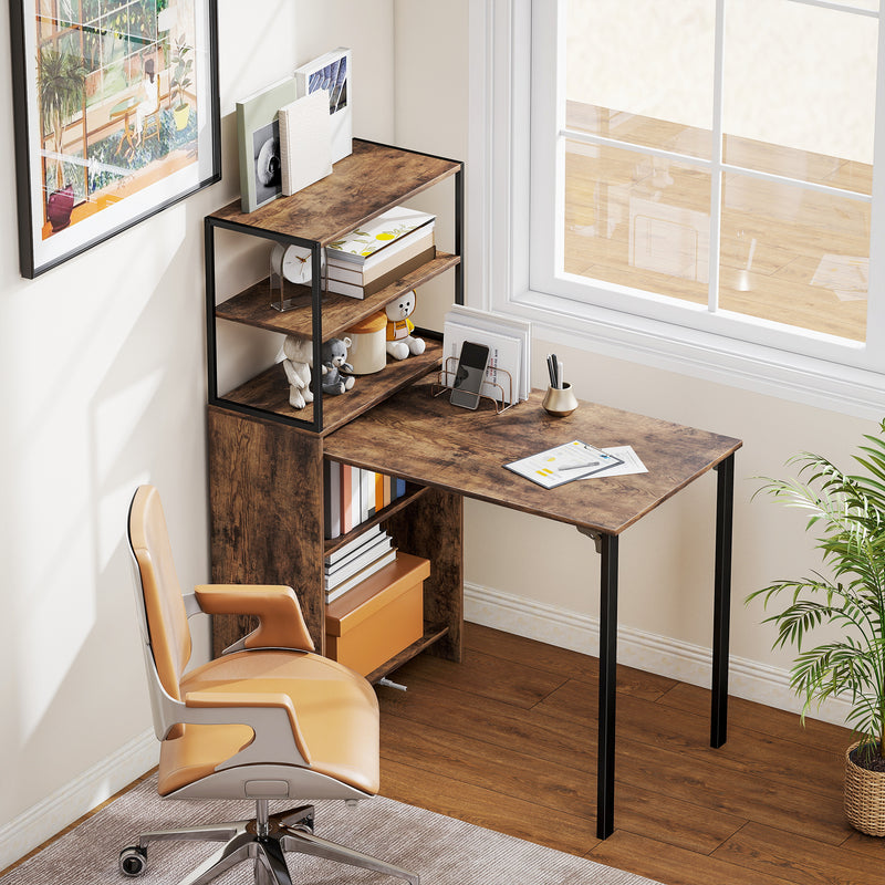 Bookcase With Fold Out Desk For Small Spaces, Hidden Storage, 105W x 60D x 127H cm