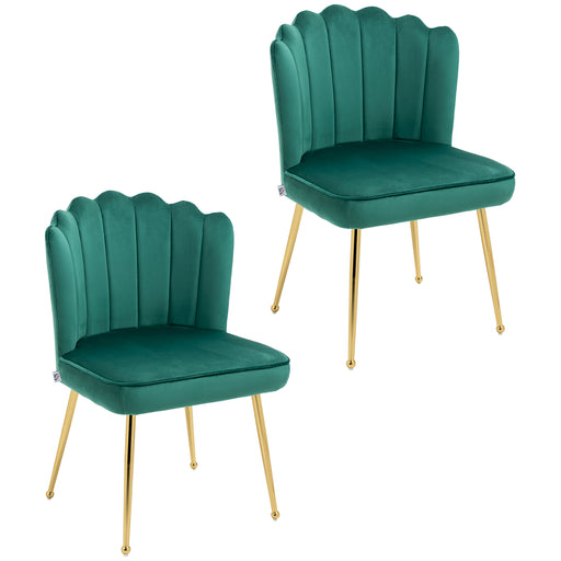 Set of 2 Velvet Shell Dining Chairs with Gold Legs for Lounge or Kitchen Green