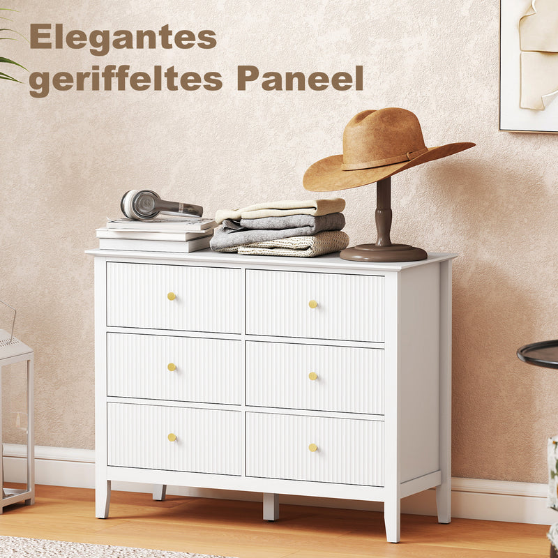 White 6 Drawer Chest of Drawers With Fluted Drawer Fronts and Gold Knobs - 100x40x78cm Homcom