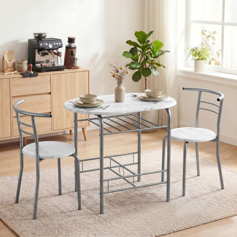 Compact Dining Table and 2 Chairs with Shelf for Small Kitchens White Marble Effect