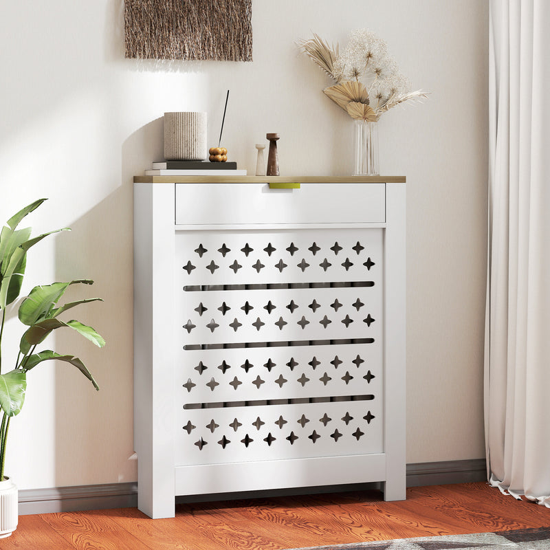 Radiator Cover with Storage Drawer Modern Slatted Design for Living Room White