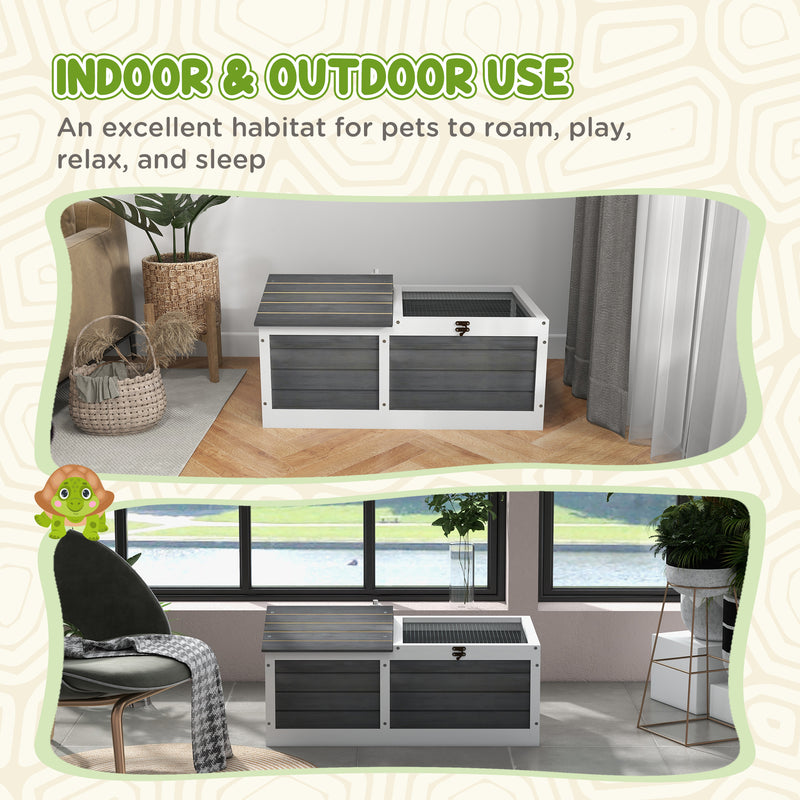 Wooden Tortoise House with Hideout and Outdoor Run for Small Pets, Grey