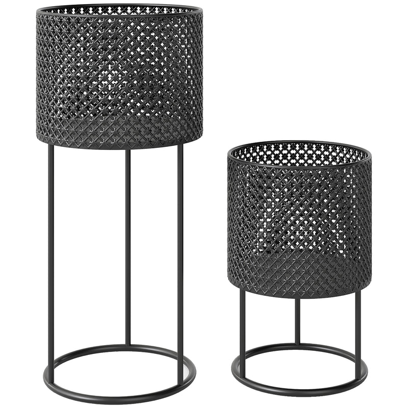 Metal Planter Set of 2 for Indoor or Outdoor Plants with Modern Woven Design Black AOSOM
