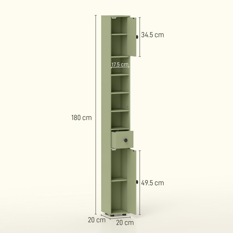Green Slim Tall Bathroom Storage Cabinet with Drawer Shelves and Cupboards for Small Spaces