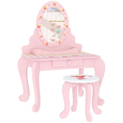 Pink Kids Dressing Table Set With Stool Mirror and Storage Strawberry Theme by AIYAPLAY