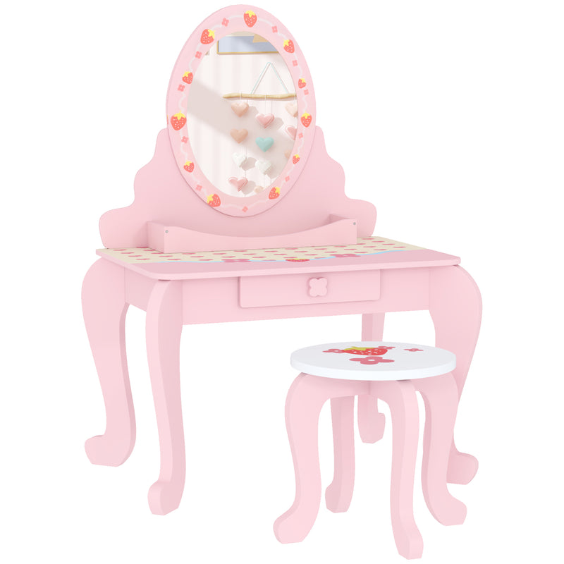 Pink Kids Dressing Table Set With Stool Mirror and Storage Strawberry Theme by AIYAPLAY