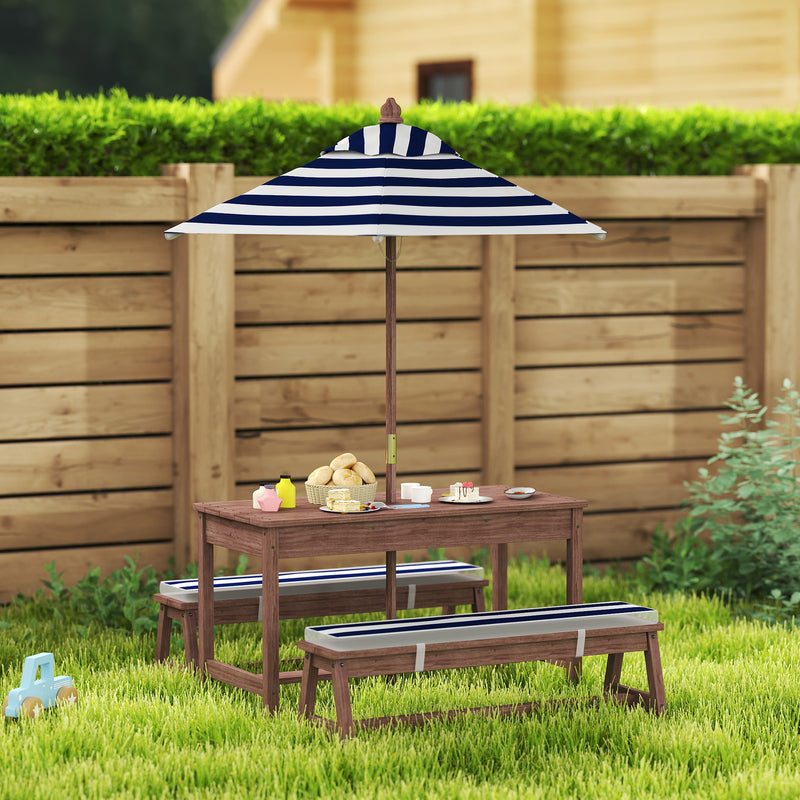 Kids Garden Table and Bench Set with Cushions and Removable Umbrella for Outdoor Play Navy Blue