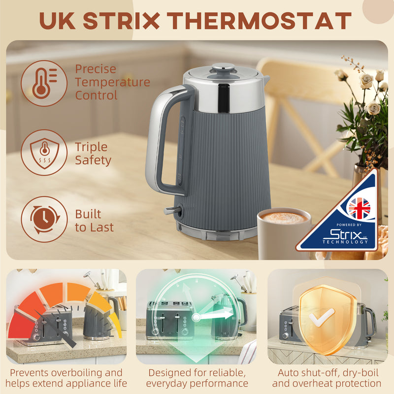 4 Slice Toaster and Fast Boil 1.7L Electric Kettle Set with Limescale Filter, Grey