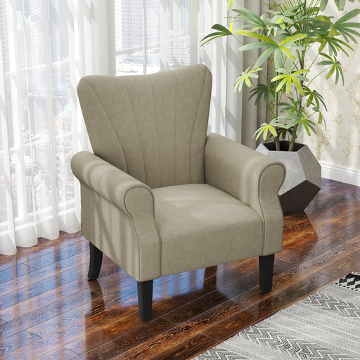 High Back Upholstered Accent Armchair with Rolled Arms and Wood Legs for Lounge, Beige