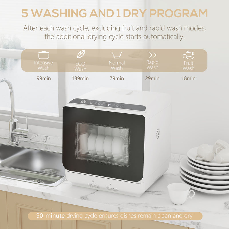 Compact 6L Tabletop Dishwasher with Five Cleaning Modes Ideal for Small Kitchens White AOSOM