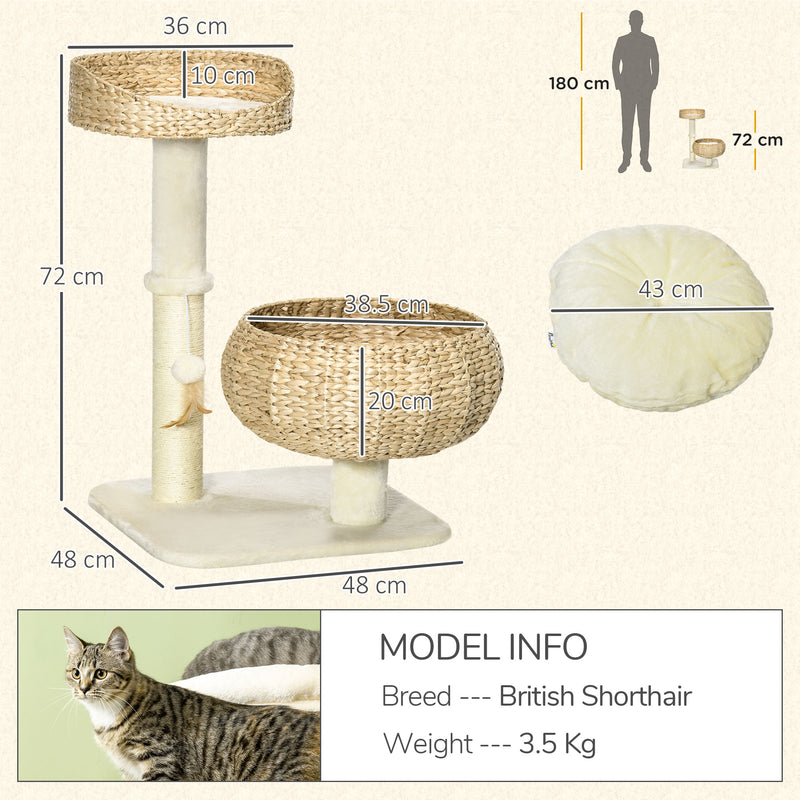 Cat Tree Tower with Sisal Scratching Post and Two Plush Beds for Kittens 72cm Grey AOSOM