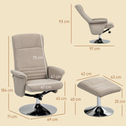 Beige Velvet Swivel Recliner Chair with Footstool for Lounge or Office with Steel Base
