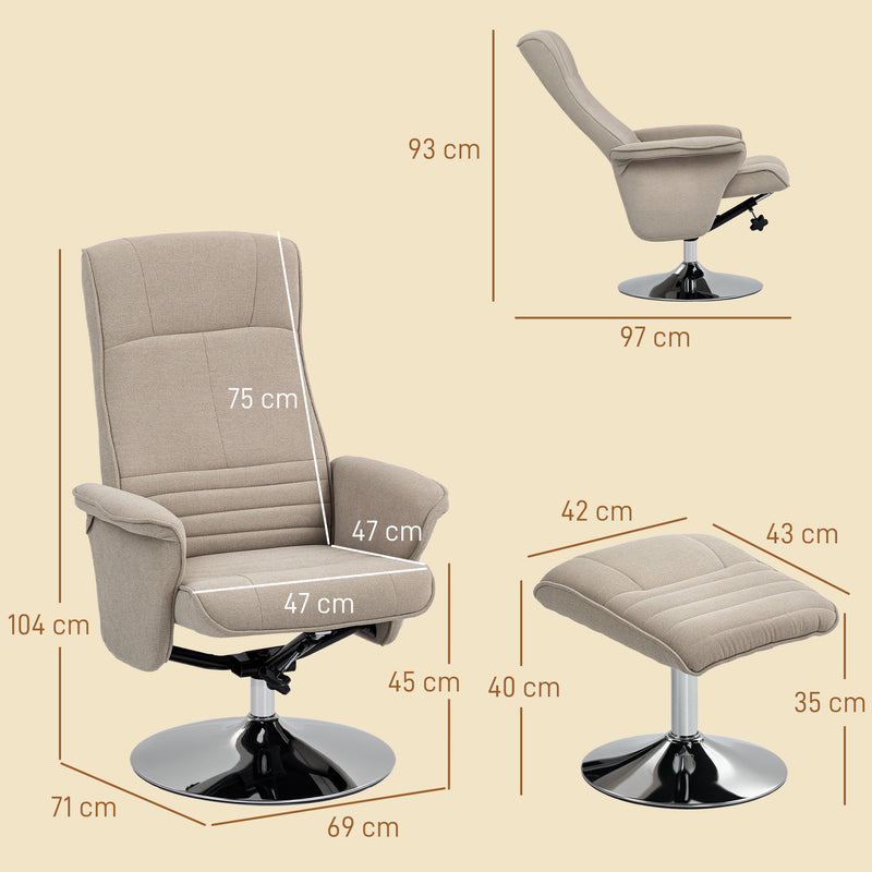 Beige Velvet Swivel Recliner Chair with Footstool for Lounge or Office with Steel Base