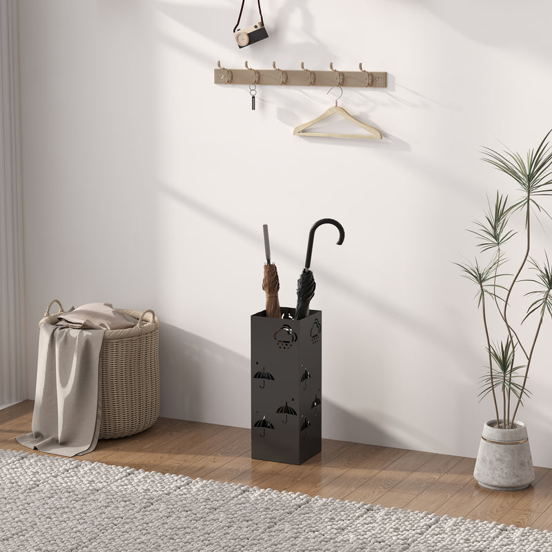 Black Metal Umbrella Stand with Drip Tray and Hooks for Hallway and Entryway by HOMCOM