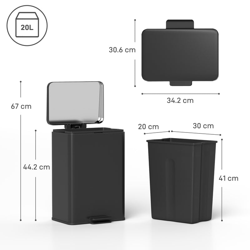20L Pedal Kitchen Bin with Soft Close Lid and Removable Inner Bucket Matte Black AOSOM