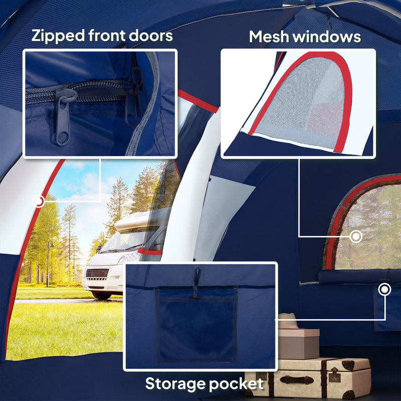 Large Family Tunnel Camping Tent With Rainfly, Groundsheet & Mesh Windows, Navy Blue