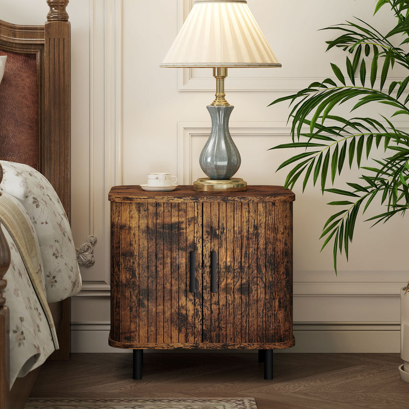 Nordic Bedside Table With Sliding Roller Doors And Metal Legs For Bedroom Rustic Brown
