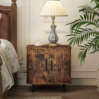 Nordic Bedside Table With Sliding Roller Doors And Metal Legs For Bedroom Rustic Brown