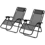 Set of 2 Zero Gravity Reclining Sun Loungers with Head Pillow for Garden or Camping, Grey