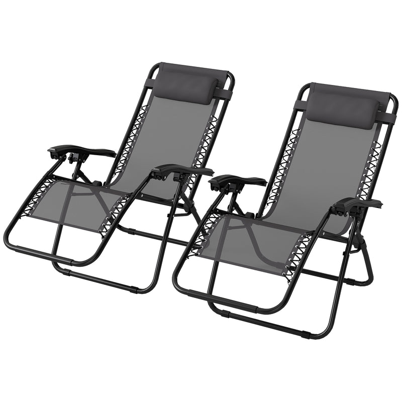 Set of 2 Zero Gravity Reclining Sun Loungers with Head Pillow for Garden or Camping, Grey