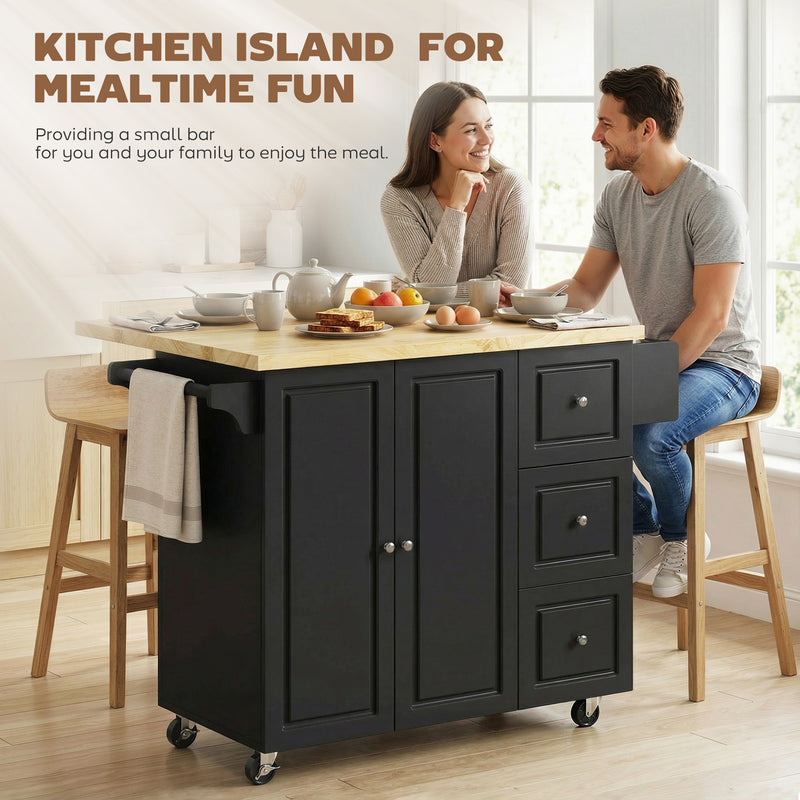 Black Mobile Kitchen Island Trolley With Drop Leaf, Storage Shelves, Drawers, and Rubber Wood Counter Top For Easy Meal Prep
