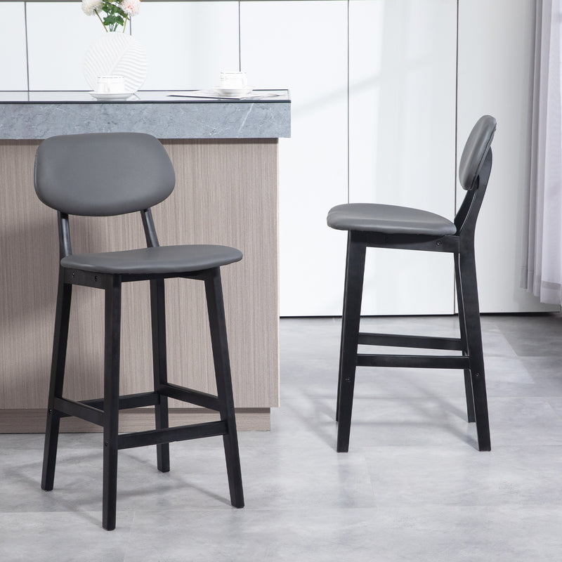 Set of 2 Faux Leather Bar Stools with Backs Solid Wood Legs for Kitchen Dark Grey