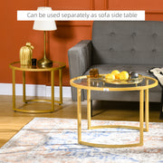 Nest of 2 Modern Round Coffee Tables with Tempered Glass Top and Gold Steel Frame for Living Room