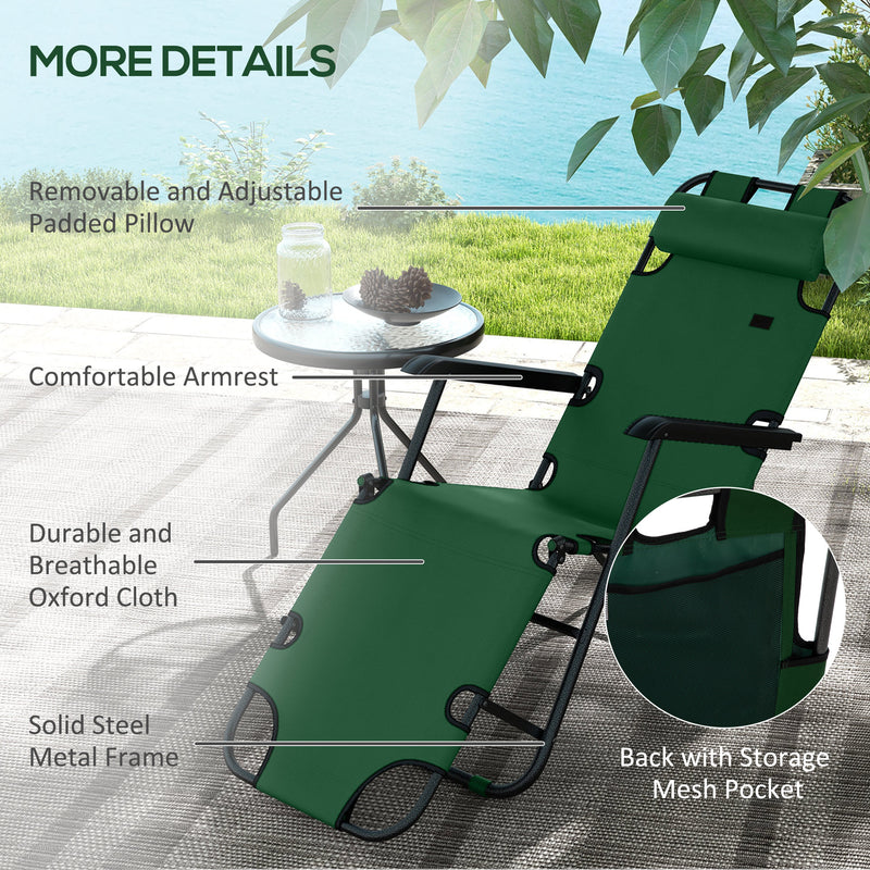 2 Pack Folding Sun Loungers with Adjustable Recline and Pillow for Garden or Camping Green AOSOM