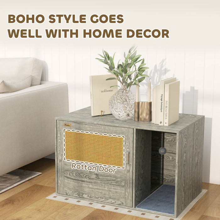 Grey Boho Style Cat Litter Box Enclosure with Rattan Door Scratching Mat and Toy Ball by PawHut