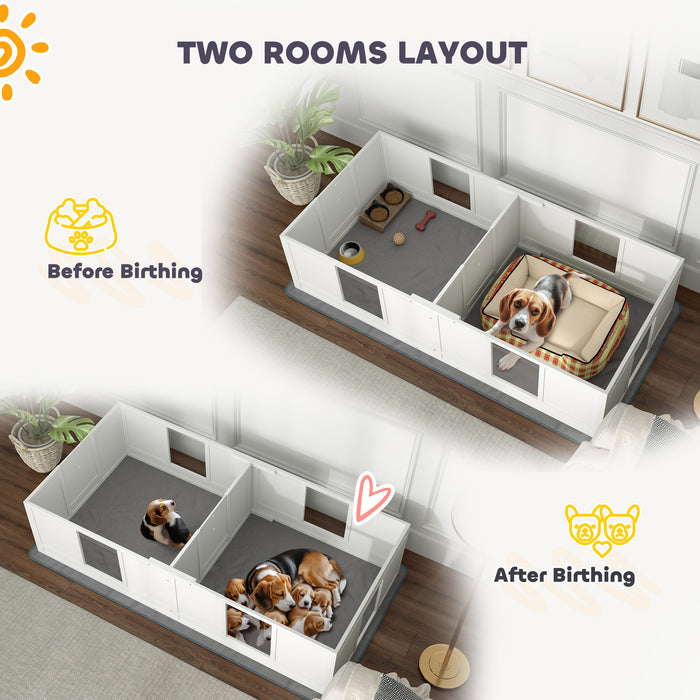 Two Room Whelping Box for Medium Dogs with Pad and Clear Panels 196 x 96cm by PawHut