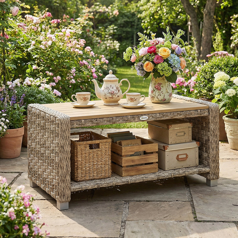 Rattan Coffee Table with Two-Tier Storage for Outdoor Seating Areas Light Brown AOSOM
