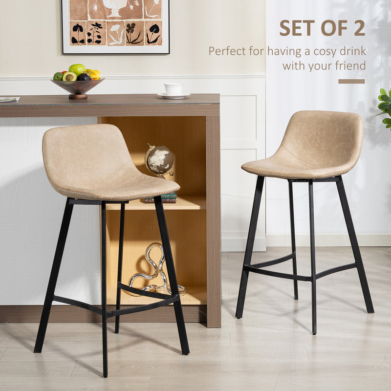 Set of 2 PU Leather Bar Stools with Backrest and Footrest for Kitchen or Breakfast Bar Light Brown