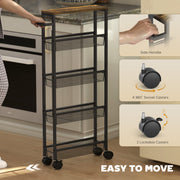 5 Tier Slim Storage Trolley With Wheels And Wood Effect Top For Kitchen Or Bathroom Black AOSOM