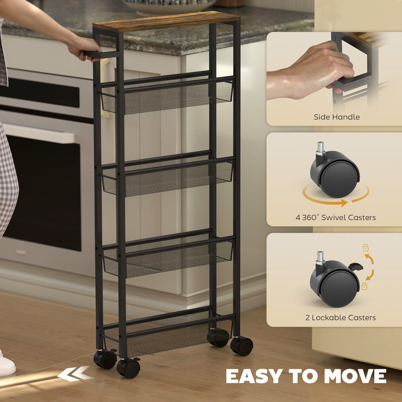 5 Tier Slim Storage Trolley With Wheels And Wood Effect Top For Kitchen Or Bathroom Black AOSOM