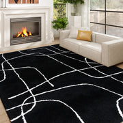 Soft High Pile Washable Area Rug With Geometric Design For Living Room or Bedroom, Black