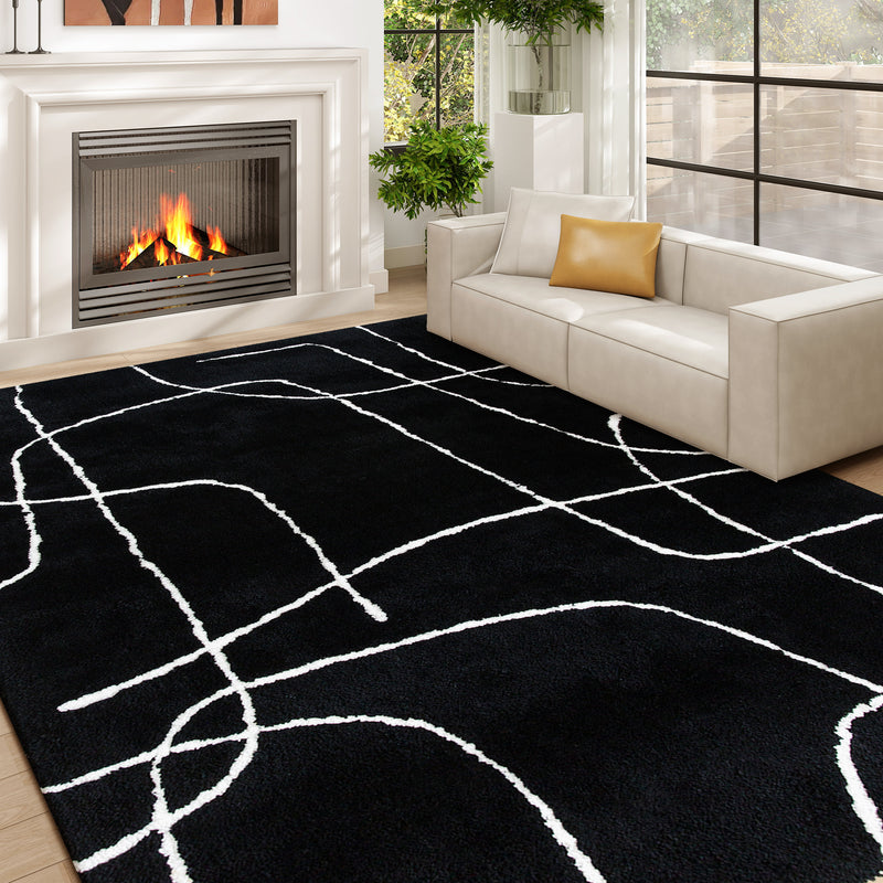 Soft High Pile Washable Area Rug With Geometric Design For Living Room or Bedroom, Black