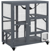 Indoor Wooden Cat Enclosure With Platforms And Hammock On Wheels For Easy Moving, Light Grey
