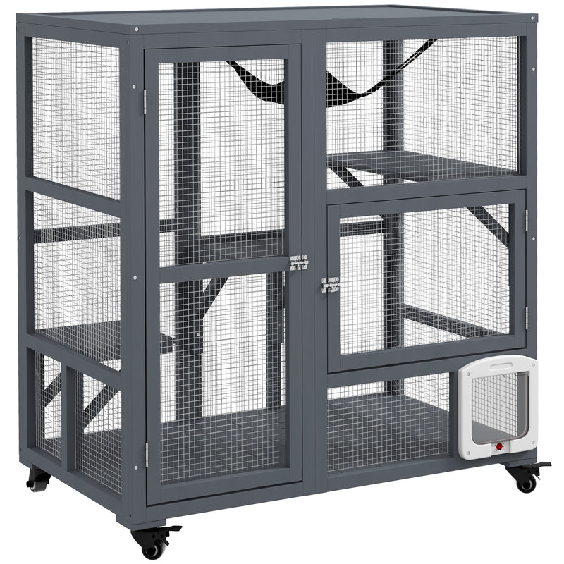 Indoor Wooden Cat Enclosure With Platforms And Hammock On Wheels For Easy Moving, Light Grey