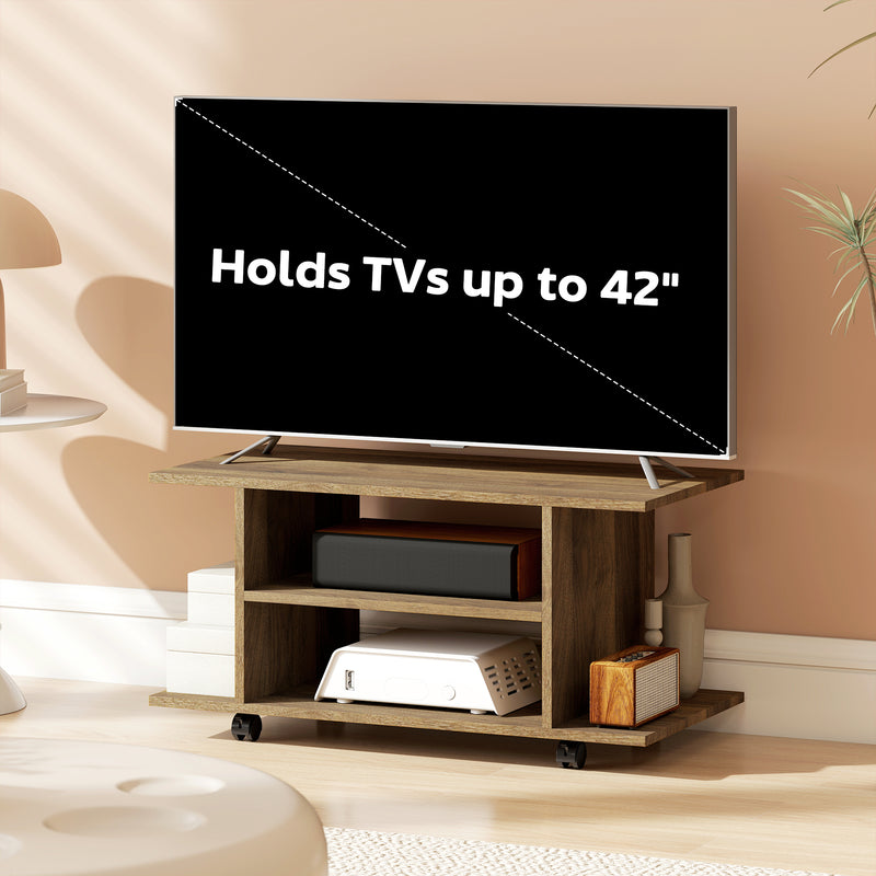 Modern TV Stand With Storage Shelves and Wheels for Bedroom or Living Room Walnut AOSOM