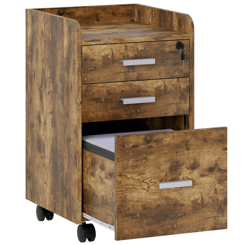 3 Drawer Lockable Mobile Filing Cabinet For Home Office Storage, Rustic Brown Homcom