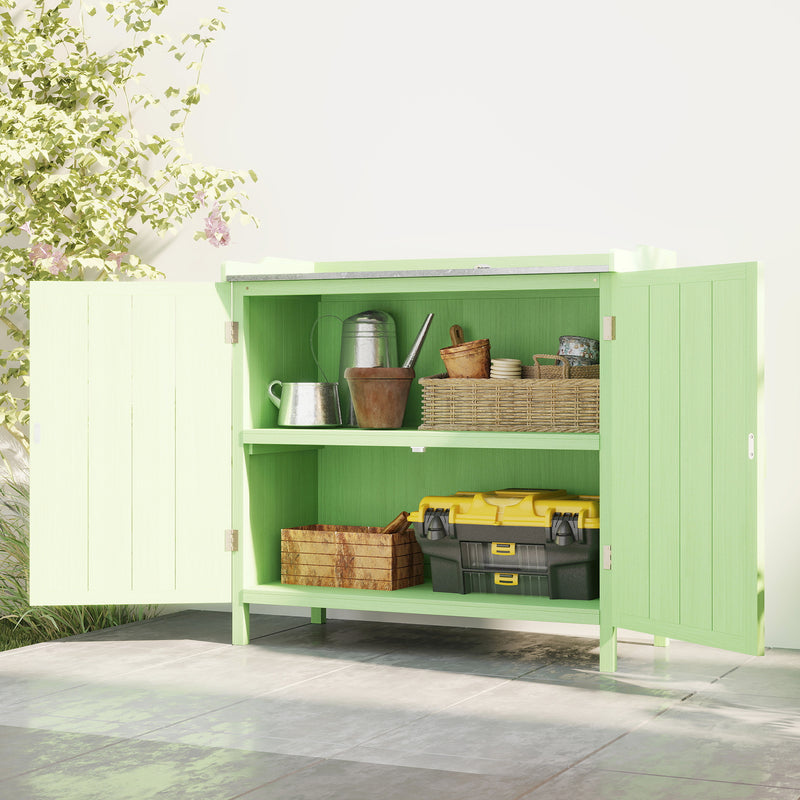 Wooden Garden Storage Cabinet With Galvanised Worktop and Shelves for Outdoor Tools Green Outsunny