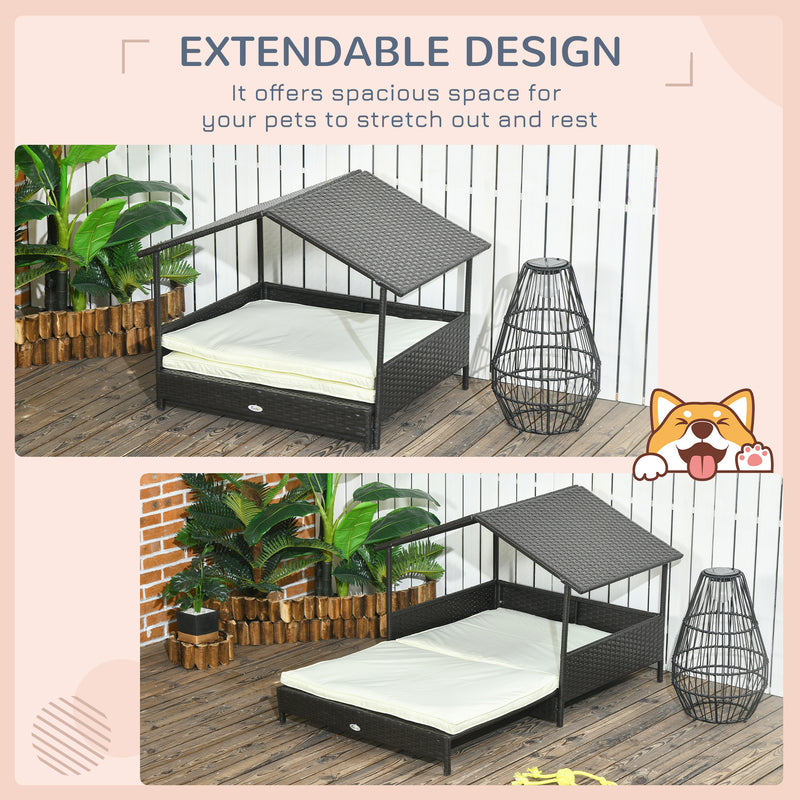 Extendable Elevated Rattan Dog Bed with Roof and Removable Cushion for Outdoors Cream
