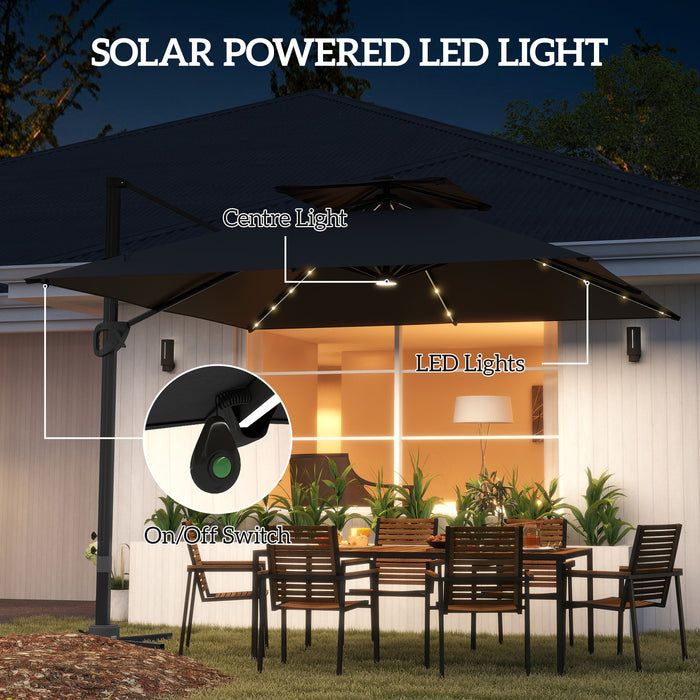 Black 3.5x3 m Square Cantilever Parasol with Solar LED Lights and UPF50+ Shade by Outsunny