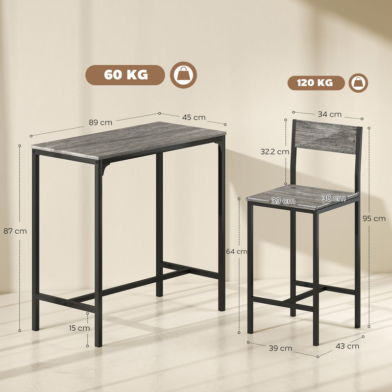 3 Piece Industrial Bar Table Set with Stools and Backrests for Small Dining Areas Grey
