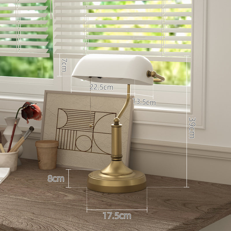 Antique Style Bankers Table Lamp with White Glass Shade for Home Office Desk, White