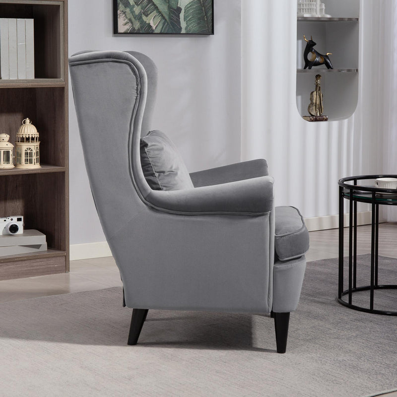 Dark Grey Velvet Accent Chair with High Back and Cushion for Living Room or Bedroom