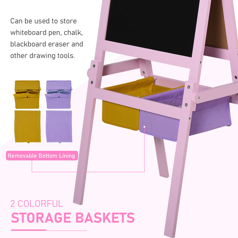 Pink Wooden 3 in 1 Kids Art Easel With Chalkboard Whiteboard and Storage Baskets
