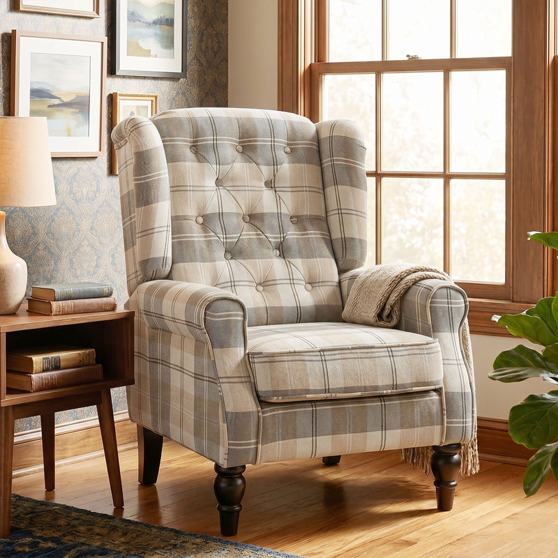 Accent Chair with High Back and Deep Padding for Relaxing in Living Room or Bedroom Khaki Plaid