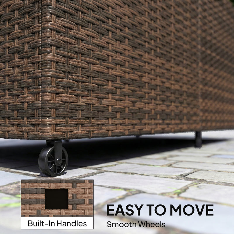 Waterproof Cushion Storage Box For Garden 650L With Wheels and Gas Lift Lid Mixed Brown PE Rattan