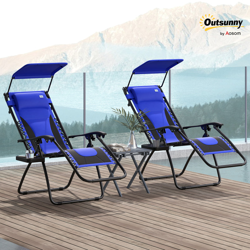 Set of 2 Blue Zero Gravity Reclining Garden Chairs with Shade Cup Holder and Cushion by Outsunny